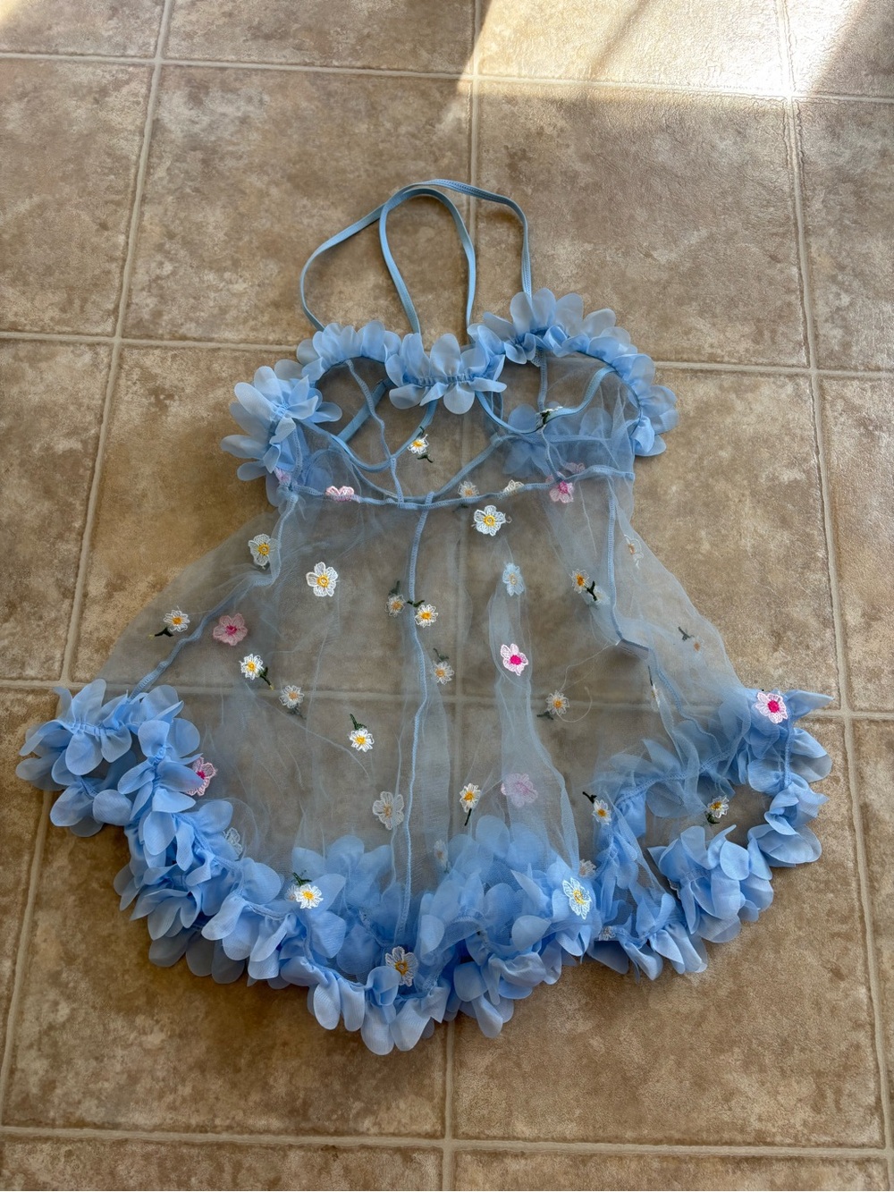 Sheer Floral Appliqué Bandeau Chemise - Light Blue